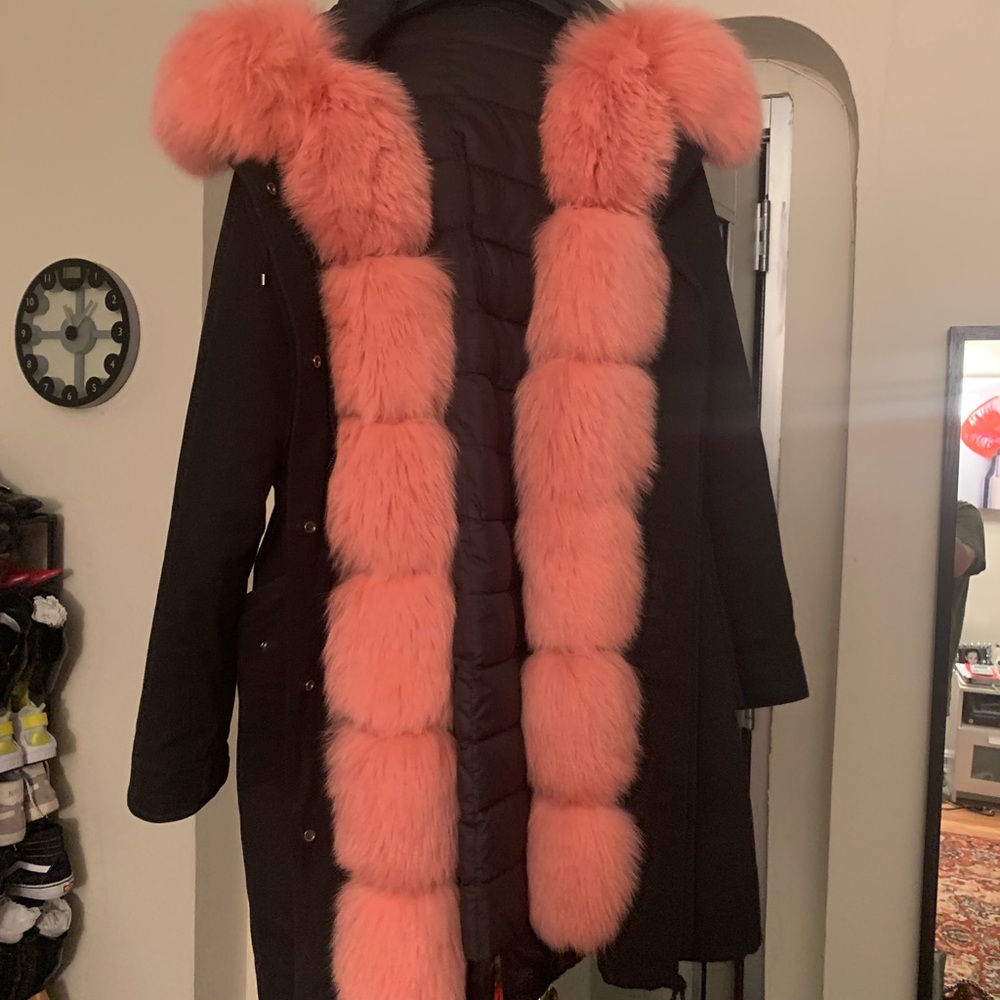 Pink Fox Fur Trim Parka Coat Large